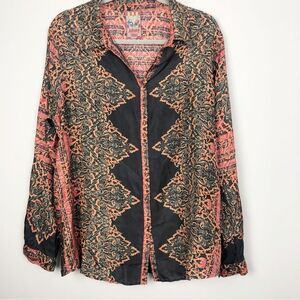 JOHNNY WAS | Silk Blouse Button Down Front Damask Print Boho Women’s Size Large